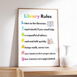 May include: A colorful printable poster with the words "Library Rules" and a list of rules for library behavior, including "Listen to the librarian", "Inquire (ask) if you need help", "Be respectful of others", "Read and talk quietly", "Always walk, never run", "Return books to their proper places", and "Your manners are appreciated".