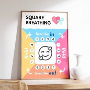 Square Breathing Poster, Box Breathing and Mindfulness, Calm Down Corner, Social Emotional Learning, Counselor Office Decor