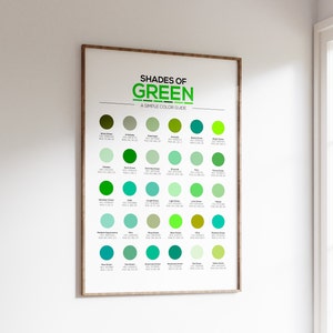 May include: A chart titled "Shades of Green: A Simple Color Guide" with 36 different shades of green, each with a name and corresponding RGB color code.