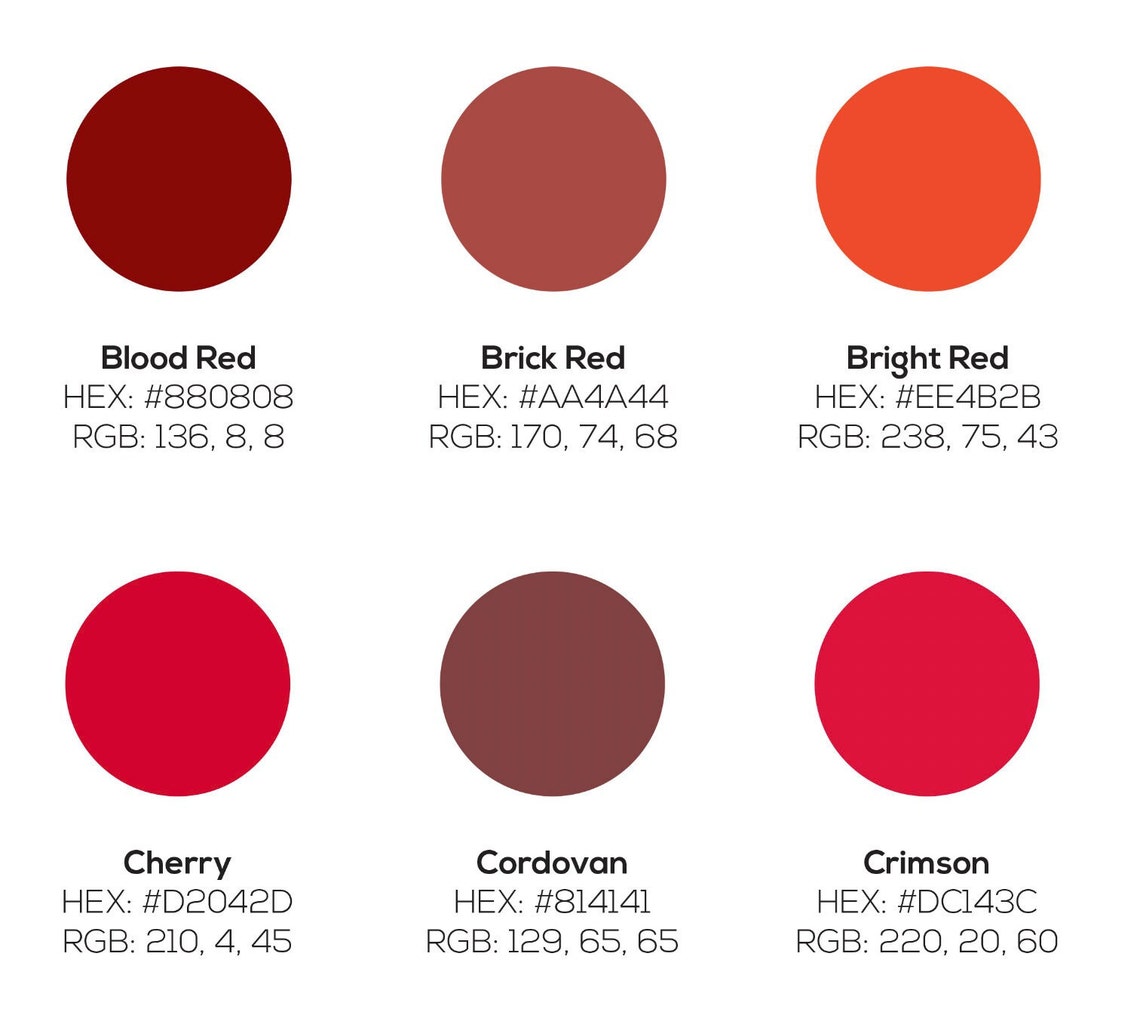 Different Shades of Red Color Chart With 30 Different Hex Color Codes ...