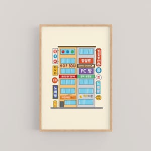 koreanisches Schaufenster und Gebäude Poster. koreanische Wand Kunst Kunst Druck flaches Design einer koreanischen Viertel Szene