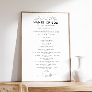 Op de afbeelding: Zwart-witte printbare wandkunst met een lijst van namen van God uit het Nieuwe Testament, inclusief Bijbelverzen.