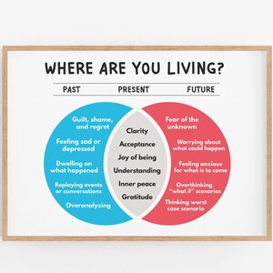 May include: A printable chart with a Venn diagram showing where you are living: past, present, and future. The chart lists negative emotions and thoughts associated with each time period. The chart is framed in a light wood frame.