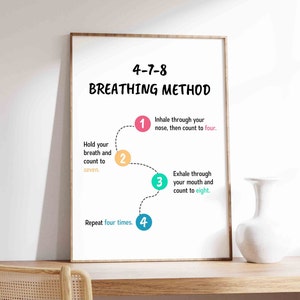 Plakat oddechowy 4-7-8, Metoda i technika oddechowa 4-7-8, Ulga w lęku i stresie, Dekoracja terapeutyczna i doradcza, Pobieranie cyfrowe