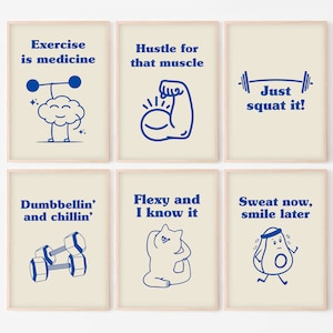 Retro Exercise Set of 6 Prints, Printable Workout Poster Bundle, Health and Wellness, Gym Wall Art, Workout Room, Digital Download