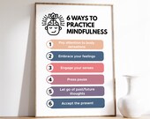 6 Ways to Practice Mindfulness Poster, Mindfulness Print, Meditation and Mindful Living, Inner Peace Therapy Decor, Digital Download