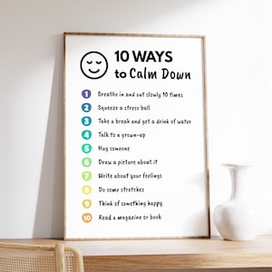 10 Ways to Calm Down Poster, Calming Corner Print, Calming Strategies Print, Counselor Office Decor, Digital Download