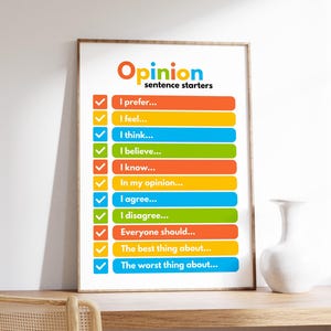 Może przedstawiać: Kolorowy plakat do wydrukowania ze słowem "Opinia" w kółku i listą zdań rozpoczynających wyrażanie opinii, takich jak "Wolę...", "Czuję...", "Myślę...", "Uważam...", "Wiem...", "Moim zdaniem...", "Zgadzam się...", "Nie zgadzam się...", "Wszyscy powinni...", "Najlepsze w tym...", i "Najgorsze w tym..."