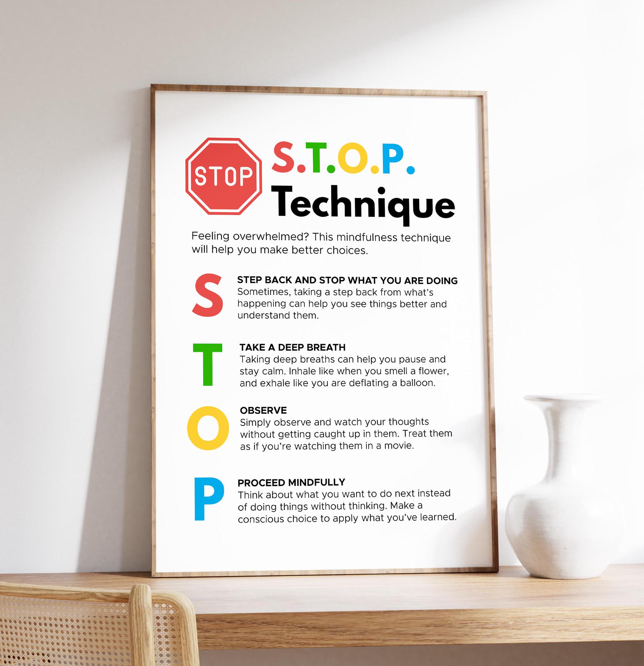 Stop Practic STOP Technique Poster, Stress Relief, Mental Health Art (digital ...