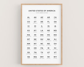 Tableau imprimable des abréviations des États-Unis par ordre alphabétique. Liste des noms abrégés de deux lettres pour les 50 États