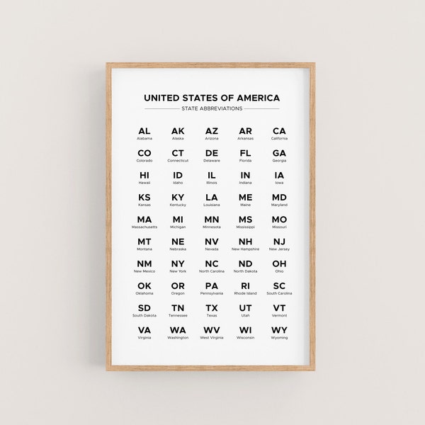 Printable US State Abbreviation Chart in Alphabetical Order. List of Two Letter Abbreviated Names for All 50 States