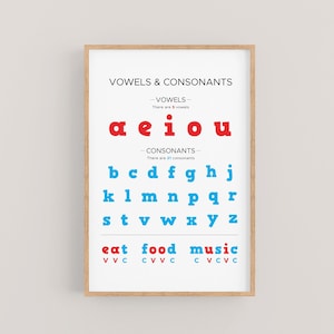 Klinkers en medeklinkers grafiek, Phonics Poster, klas alfabet Poster, alfabet grafiek, educatieve kunst aan de muur