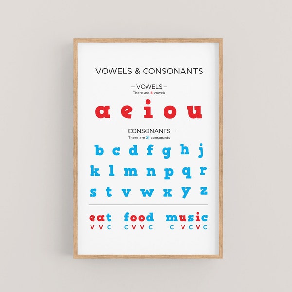 Vowels and Consonants Chart, Phonics Poster, Classroom Alphabet Poster, Alphabet Chart, Educational Wall Art