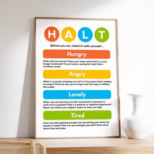 HALT Acronym Poster, Mental Health Print, Coping Strategies and Skills, Counselor and Therapist Office Decor, Digital Download