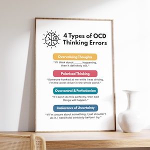 May include: A white poster with a black and white brain illustration and the text "4 Types of OCD Thinking Errors". The poster lists four types of OCD thinking errors with descriptions: Overvaluing Thoughts, Polarized Thinking, Overcontrol & Perfectionism, and Intolerance of Uncertainty.