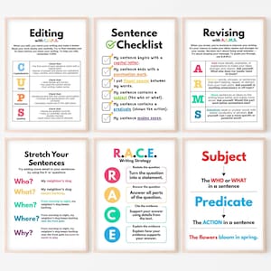 Peut inclure: Six affiches éducatives encadrées avec du texte sur la grammaire et l'écriture. Les sujets incluent l'édition, la structure des phrases, la révision et l'expansion des phrases. Chaque affiche a un fond blanc avec du texte et des graphiques colorés.
