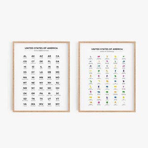 May include: Two framed wall art prints featuring the United States of America. The left print displays black state abbreviations, while the right print shows colorful state outlines. Both posters have the title United States of America at the top.