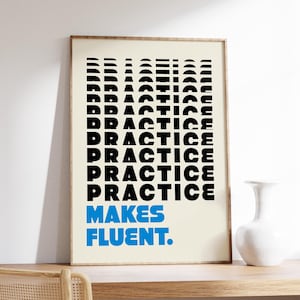 Trendy Retro Übung macht fließend Druck, Sprachenlernen Poster, motivierende Wandkunst, Arbeitszimmer Dekoration, digitaler Download