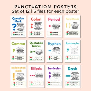 May include: A set of 12 punctuation posters, each with 5 files. The posters feature various punctuation marks like question marks, colons, periods, parentheses, commas, quotation marks, hyphens, apostrophes, exclamation marks, ellipsis, semicolons, and dashes. Each poster includes examples.