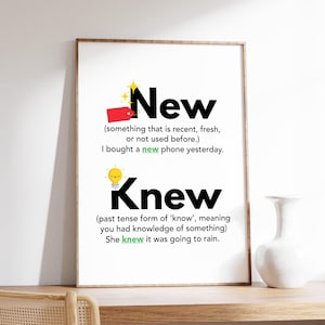 Puede incluir: Un póster enmarcado con las palabras "New" y "Knew" en negrita negra. La palabra "New" tiene una etiqueta roja y la definición debajo. La palabra "Knew" tiene un gráfico de bombilla y su definición.