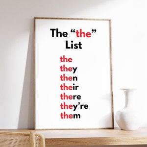 The &quot;The&quot; Word List Poster, English Classroom, English Grammar Print, Educational Poster, Homeschool Learning, Digital Download