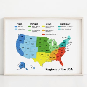 Poster mit Regionen der USA, USA Regionen Karte, Geographie, Klassenzimmer Dekoration, Homeschool Print, Lernposter, Digitaler Download