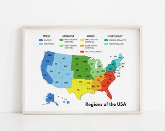 Póster de regiones de EE. UU., mapa de regiones de Estados Unidos, decoración de aula de geografía, impresión para educación en casa, póster educativo, descarga digital