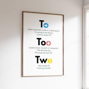 To Too Two Poster, English Grammar Aid, Classroom and Homeschool ...