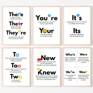May include: Six framed educational posters with grammar lessons. The posters feature words like "There", "You're", "It's", "To", "New", and "Where", with definitions and example sentences. The posters are in a light wood frame.