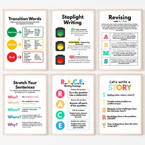 May include: Six framed educational posters with writing tips. Topics include transition words, stoplight writing, revising with ARMS, sentence stretching, the R.A.C.E. writing strategy, and how to write a story. Each poster has a white background and black text.
