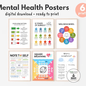 Set of 6 Mental Health Poster Bundle, Mental Health and Therapy, Therapy and Counselor Resources for Kids and Adults, Digital Download