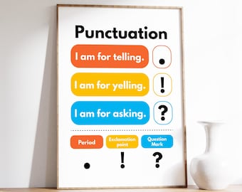 Punctuation Poster, English and Grammar Print, Language Arts Decor, English Teacher, Learning and Study, Digital Download