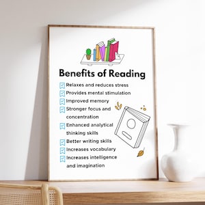 Póster de los beneficios de la lectura, póster del mes de la lectura, impresión artística de la biblioteca, motivación para la lectura, decoración para amantes de los libros, descarga digital