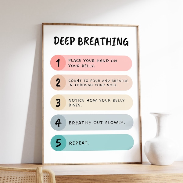 Deep Breathing Poster, Tools for Anxiety, Therapist Aid for the Office, Mental Health Poster, Therapy and Counseling, Digital Download