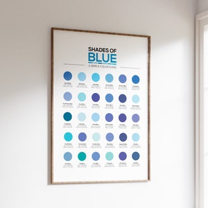 Different Shades of Blue Color Chart with 30 Different Hex Color Codes and RGB Numbers. Quick Reference Chart for Designers or as Wall Art