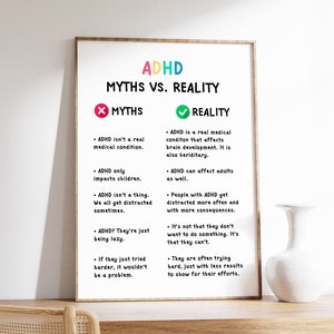 ADHD Myths vs Reality Poster, ADHD Common Misconceptions, Mindfulness and Coping Strategies, Mental Health, Digital Download