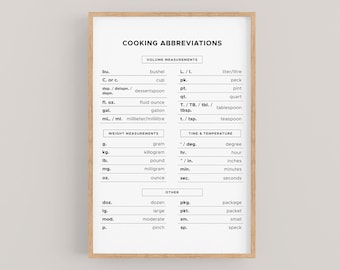 Cooking Abbreviations Chart, Cooking Cheat Sheet, Baking Kitchen Chart, Kitchen Wall Art, Baking Wall Art, Digital Download