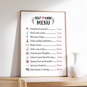 Self Care Menu Poster, Self Care Poster, Mental Health, Self Love and Self Awareness, Therapy Office Decor, Growth Mindset