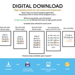 May include: Digital download of printable art for the home or classroom. The image shows five different sizes of printable art, including 4x5, 3x4, 2x3, international paper sizes, and 11x14. The text "Digital Download" is in a gold font on a light blue background.