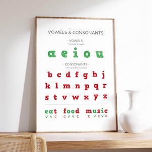 May include: A framed educational poster with the title "VOWELS & CONSONANTS". The poster displays vowels in green and consonants in red. Below, the words "eat food music" are shown with their corresponding vowel and consonant structure. A white vase sits on a wooden shelf.