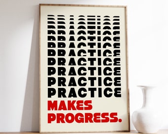 Trendy Retro Practice Makes Progress Print (Red), Practice Makes Progress Poster, Motivational Affirmations, Inspirational Wall Art