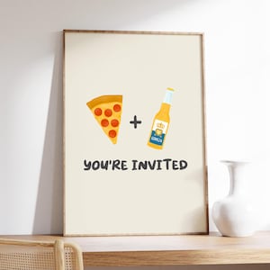 ピザ ウォール プリント、You're Invited ポスター、ピザ パーティー ウォール デコ、ビールとピザ好きへのギフト、キッチン ウォール アート、デジタル ダウンロード