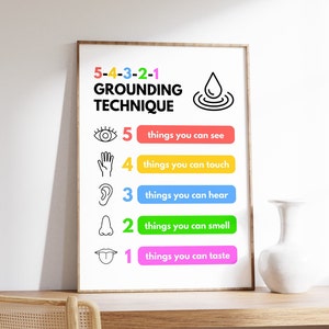 54321 Grounding Technique Poster, Five Senses, Calming Corner Print, Counselor and Therapy Decor, Mental Health Poster, Digital Download