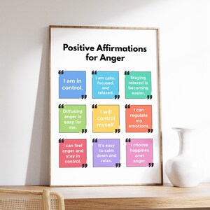 May include: A printable poster with a white background and colorful squares containing positive affirmations for anger. The text includes phrases like "I am in control", "I am calm, focused, and relaxed", "Staying relaxed is becoming easier", "Diffusing anger is easy for me", "I will control myself", "I can regulate my emotions", "I can feel anger and stay in control", "It's easy to calm down and relax", and "I choose happiness over anger".