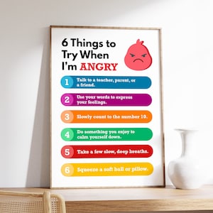 Anger Management Poster, 6 Things to Try When I&#39;m Angry, Self Regulation for Kids, Calm Down Therapy, Digital Download