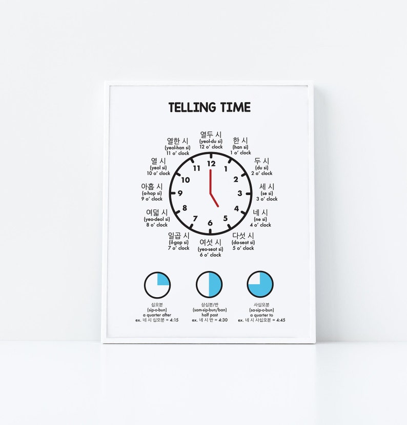 Telling time in korean language poster hangul study wall etsy canada