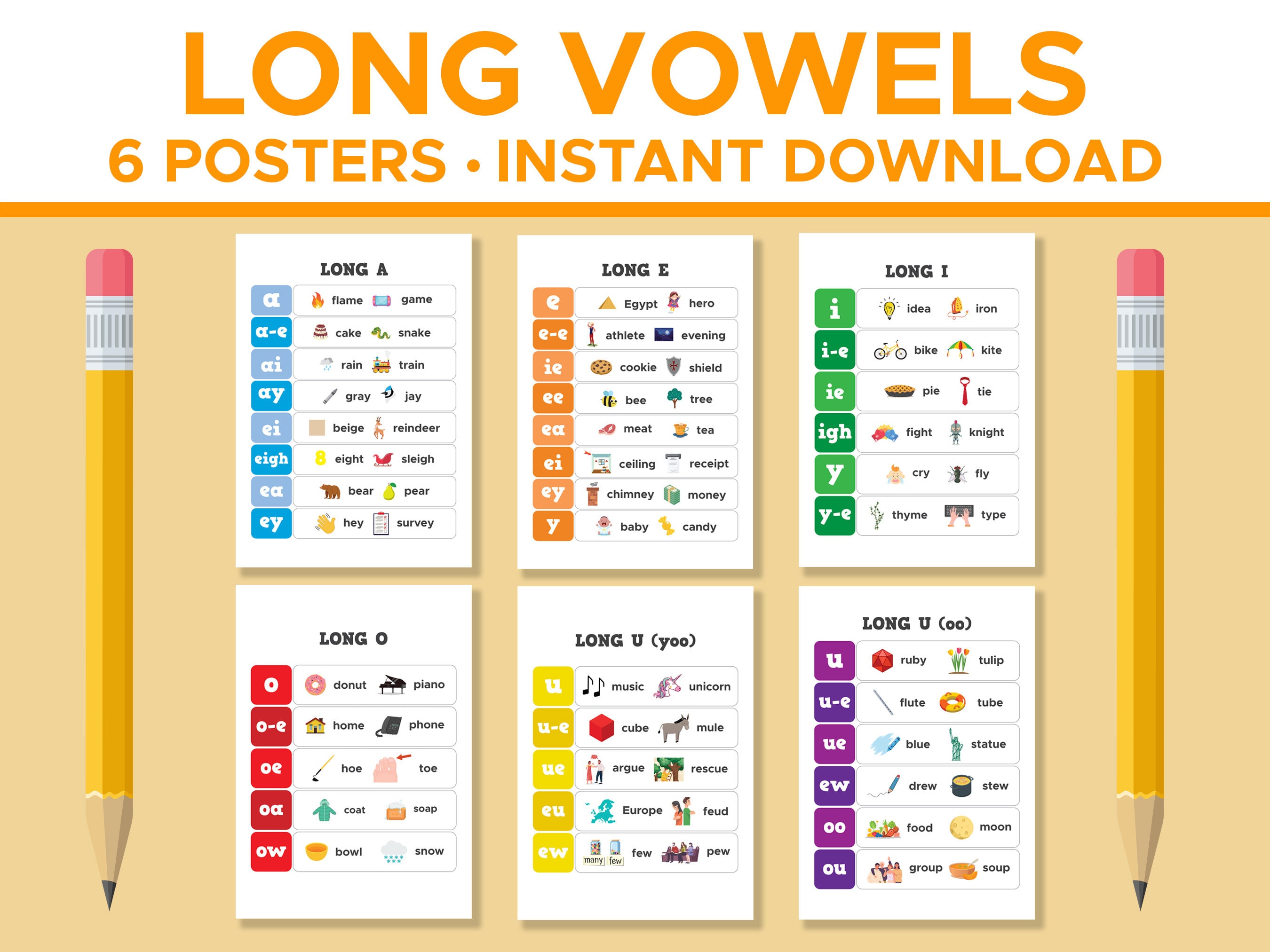 Long Vowel Sounds Charts, Set of 6 Phonics Posters for the Classroom or Home, Long A, E, I, O, U Vowel Sounds, Basic Words for Phonics