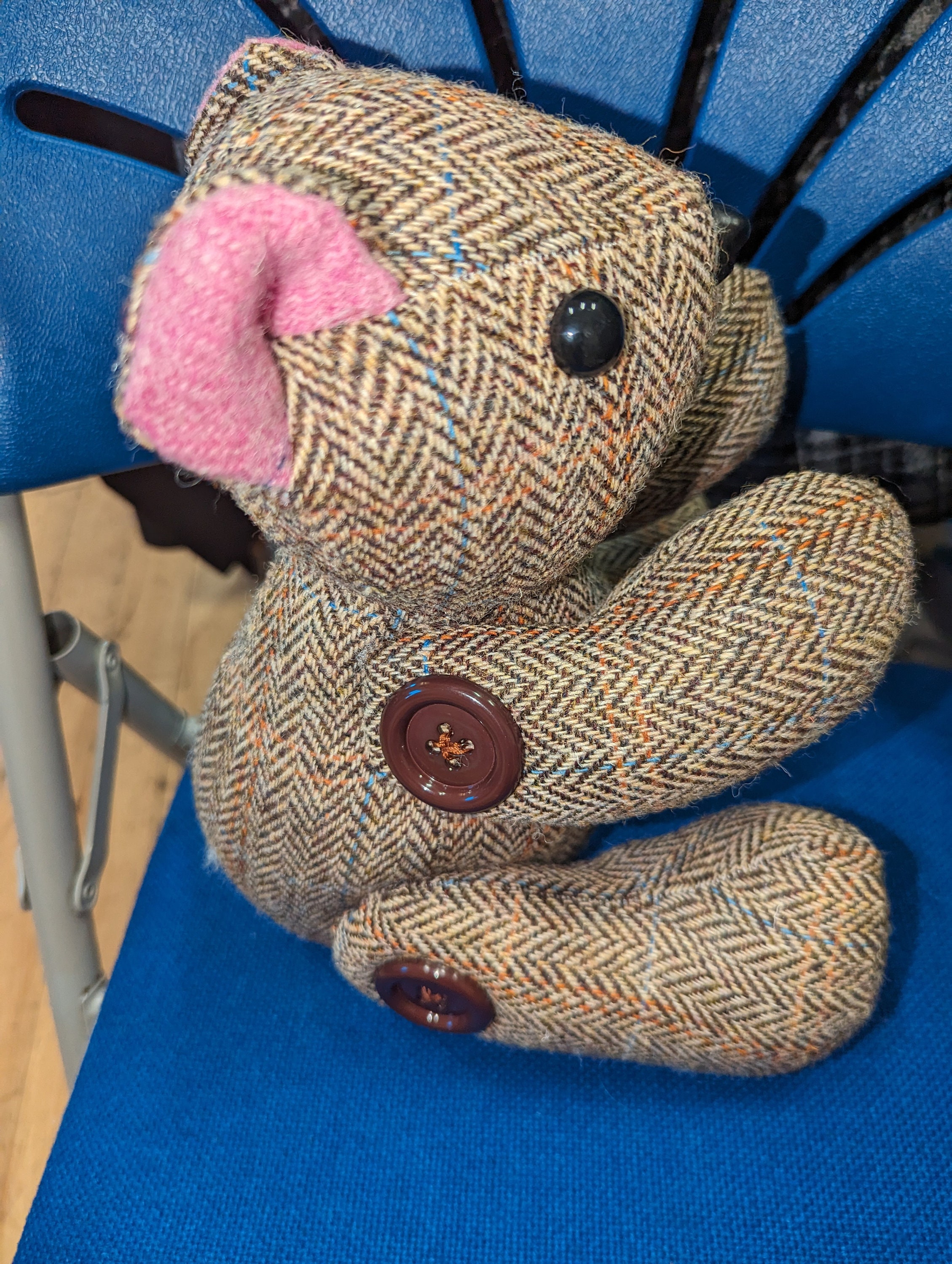 A Medium Green/brown Handmade Herringbone Harris Tweed Teddy Bear 