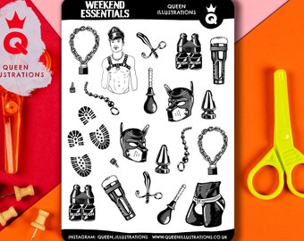 WEEKEND ESSENTIALS, waterproof vinyl stickers sheet, mature, gift ideas, gay fun gift, Gay fetish stickers