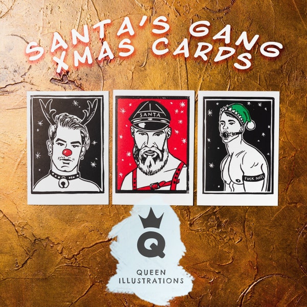 Gay Christmas Greeting Cards "Santa's Gang" with envelpes. Handmade, traditional linocut printed cards. Lgbtq+, fun gift ideas for gay men